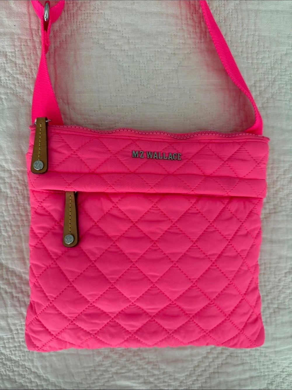 MZ Wallace Flat Metro Quilted Crossbody Bag Neon Hot Pink Italian Leather Accent